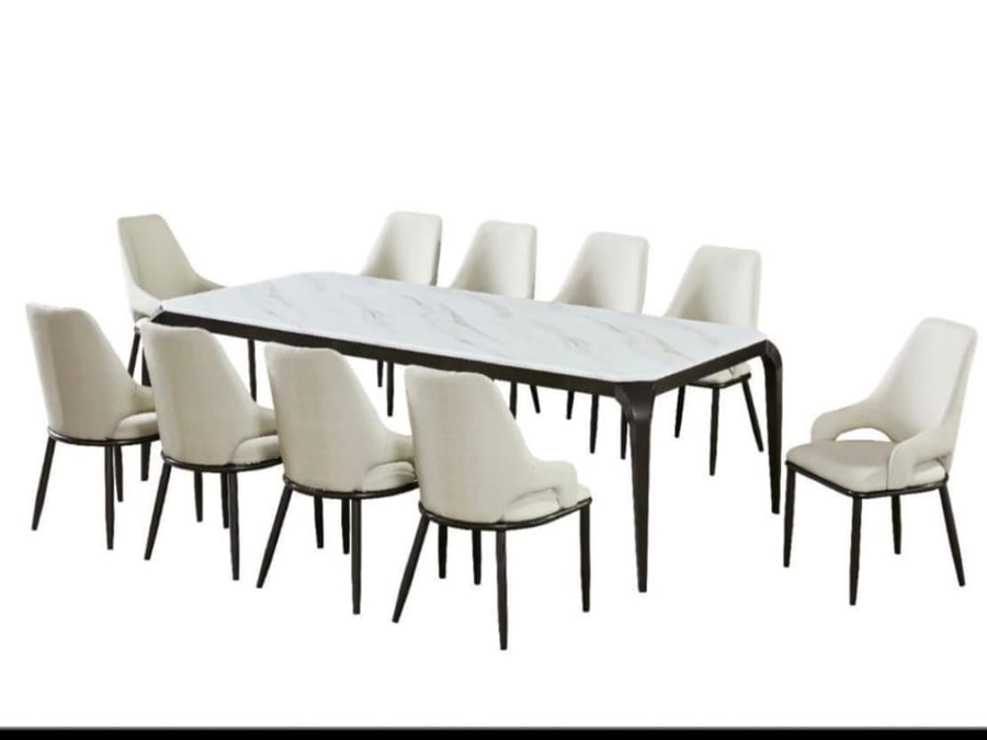 Dining table with marble surface and 10 chairs