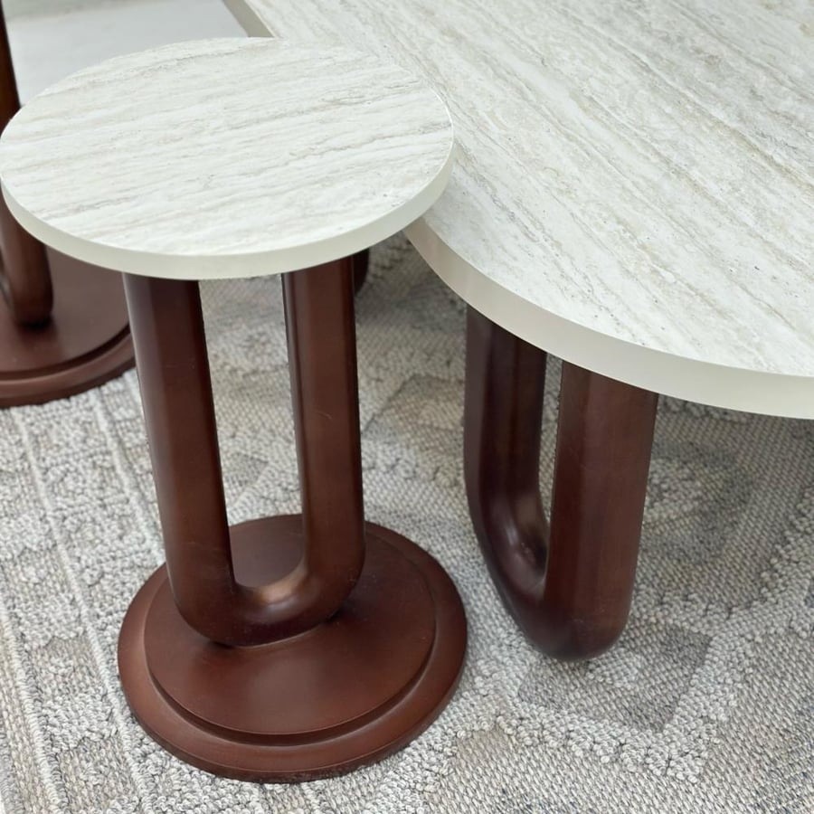 Set of 5 tables with marble-like surface, smooth texture, wooden base, brown color