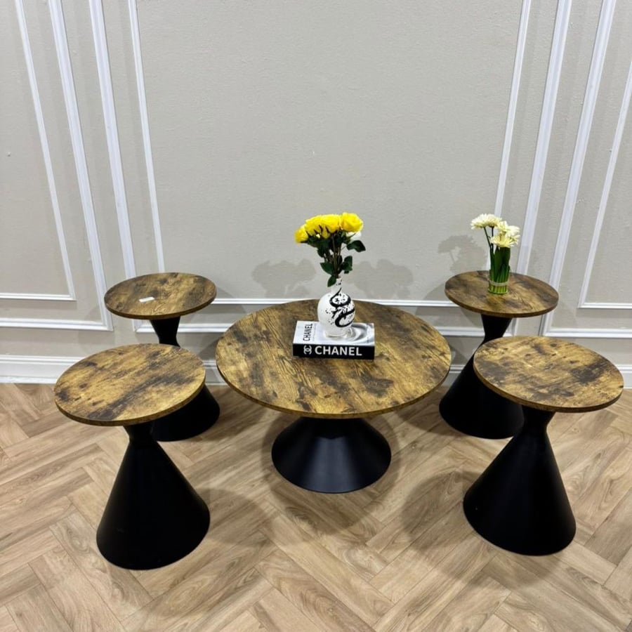 Round 5-piece wooden color beige table with black base
