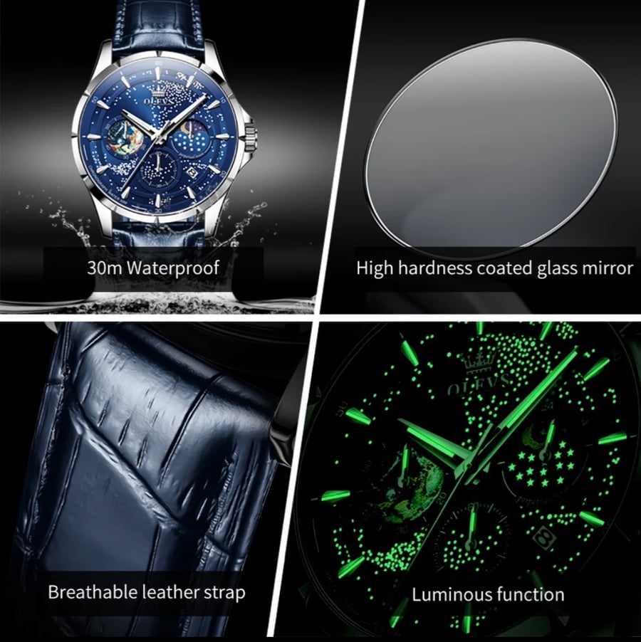 OLEVS original quartz men's watch with starry sky design, moon phase date, luminous, leather strap, water-resistant, business men's quartz watch