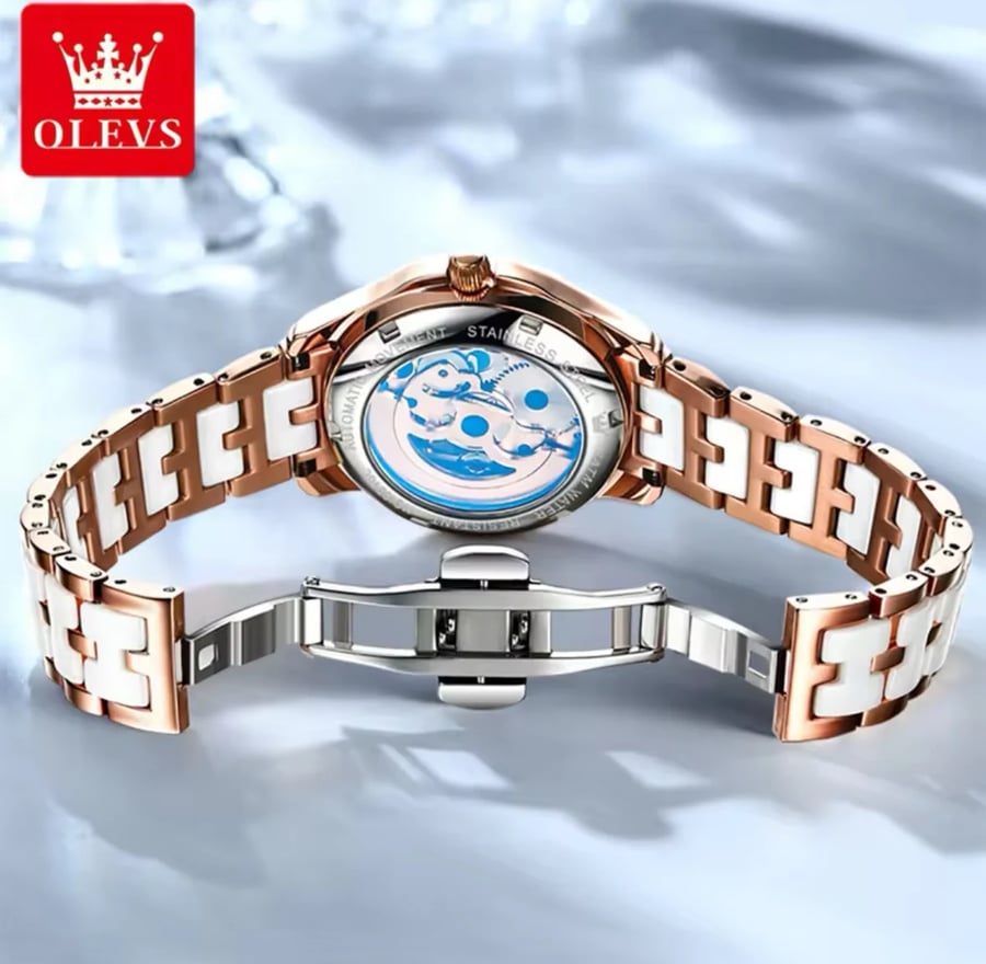 ساعة نسائية فاخرة ماركة OLEVS الميكانيكية التلقائيه ساعة أنيقة الوردي الذهب ساعة اليد أنثى Montre فام