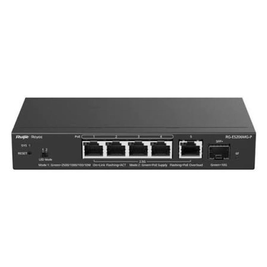 سويتش سحابي مُدار روجي بـ5 منافذ 2.5G منها 4 PoE+ ومنفذ 10G SFP+ بميزانية 70W موديل RG-ES206MG-P