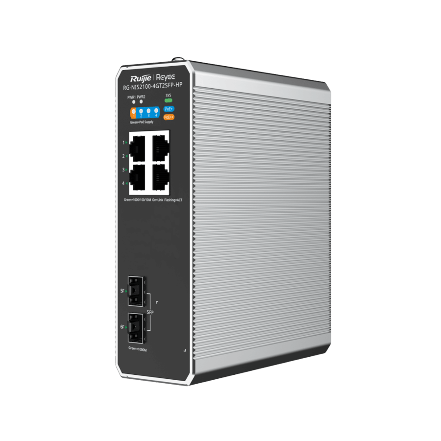 سويتش صناعي مُدار روجي بـ4 منافذ PoE ومنفذي SFP ودعم PoE++ 90W موديل RG-NIS2100-4GT2SFP-HP