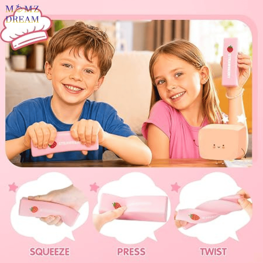 سكوشي الفراولة الزهري – متعة ناعمة بطابع لطيف ، Pink Strawberry Squishy – Soft Fun with a Cute Touch