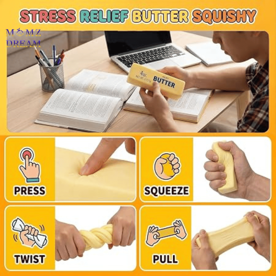 سكوشي الزبدة الأصفر – متعة ناعمة بتصميم مميز ، Yellow Butter Squishy – Soft Fun with a Unique Design