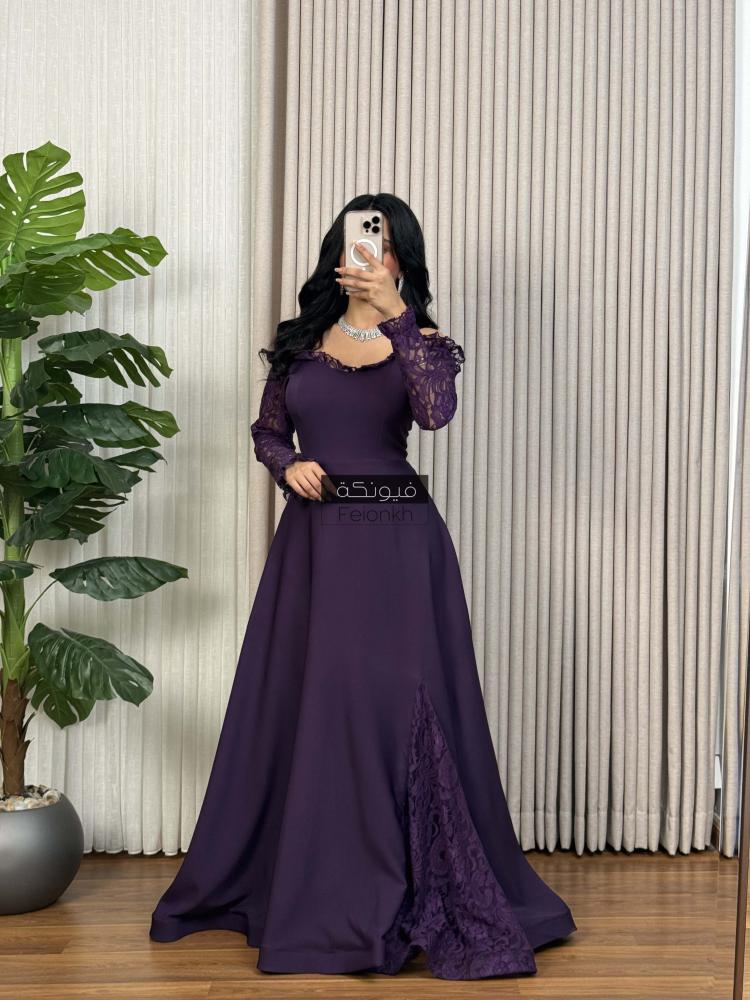 فستان موف باكمام دانتيل