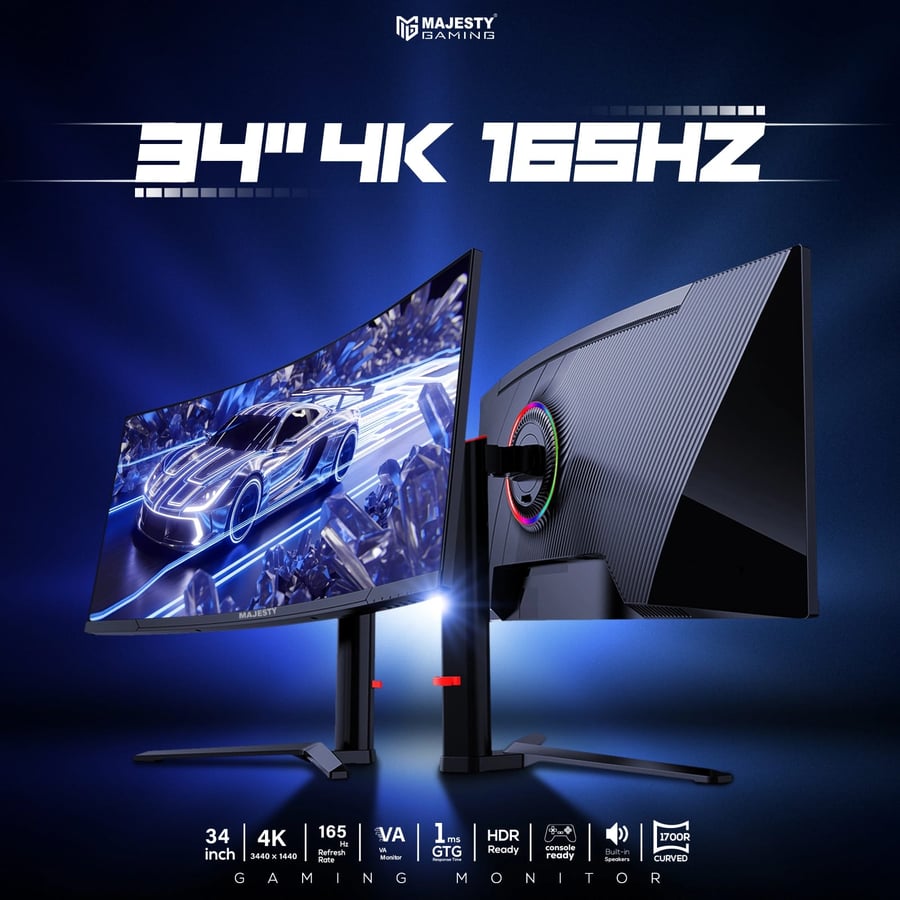 شاشة ألعاب ماجيستي 34 بوصة منحنية UWQHD | 165Hz | 1ms | VA | UltraWide | G-SYNC & FreeSync | HDMI | DisplayPort | VESA
