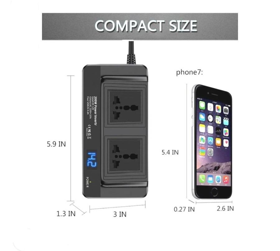 محول الطاقه للسياره بقوة  200w ومعدل 12فولت لون أسود