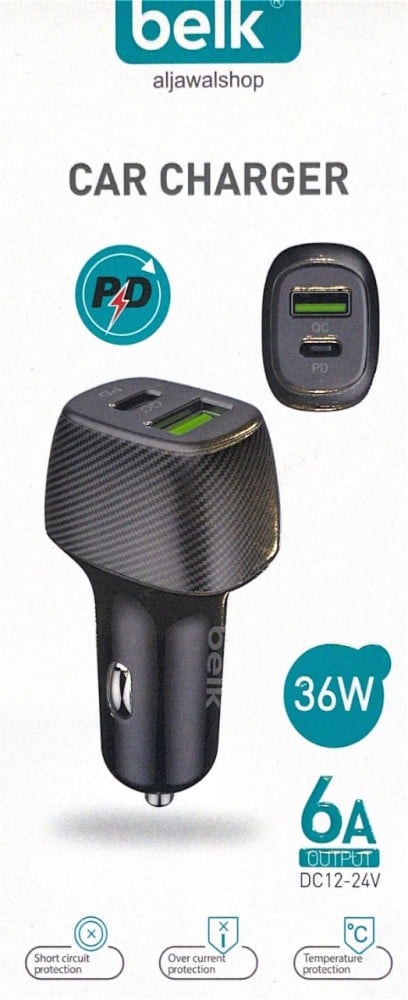 شاحن سياره مدخلين شحن USB - PD لون اسود من 6A Belk
