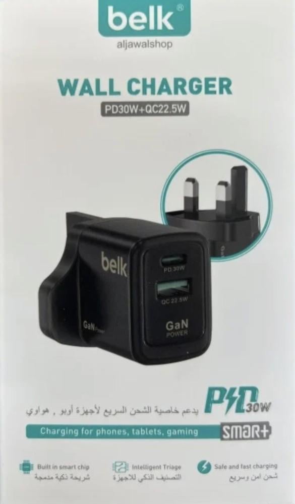 شاحن جداري بمنفذين USB-A و Type-C بقوة 30 واط من BELK