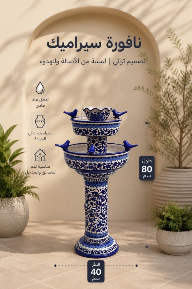نافورة سيراميك ( خزف ) تصميم تراثي ازرق وابيض