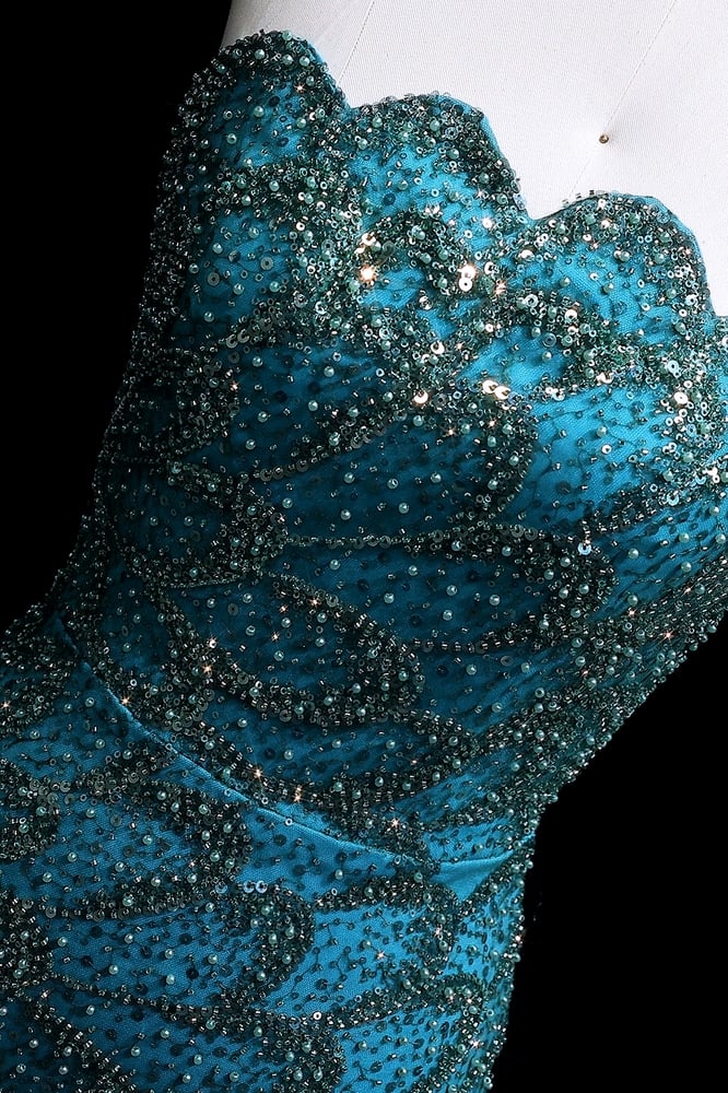 فستان فيروزي سهرة طويل شك يدوي