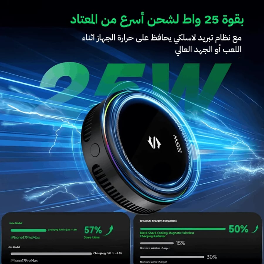 مروحة جوال و شاحن لاسلكي بلاك شارك 25W مع حامل الجوال