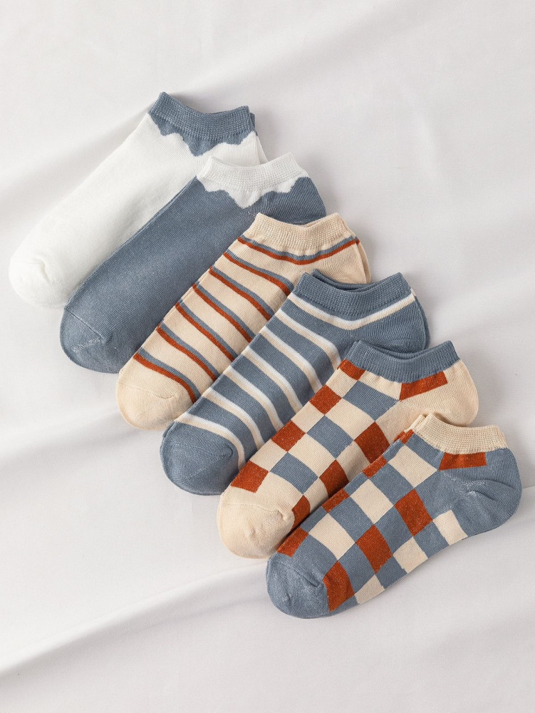 Ankle socks with checkered and striped patterns, 6 pairs, one size