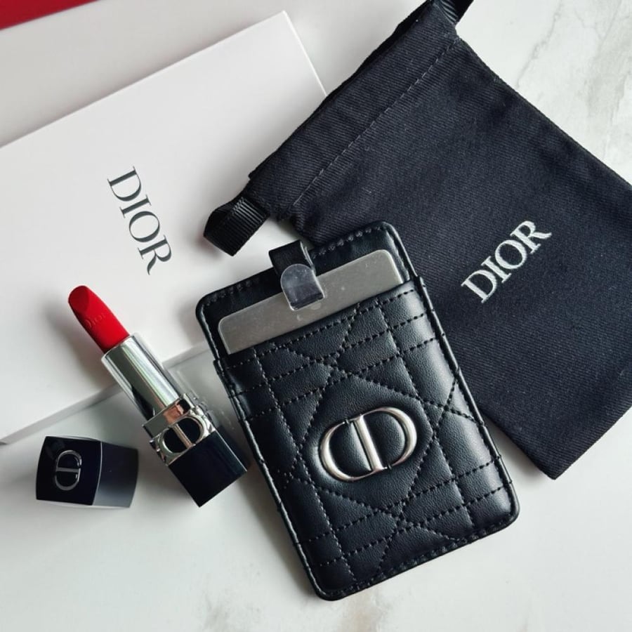 Black leather Dior mirror + lipstick 999