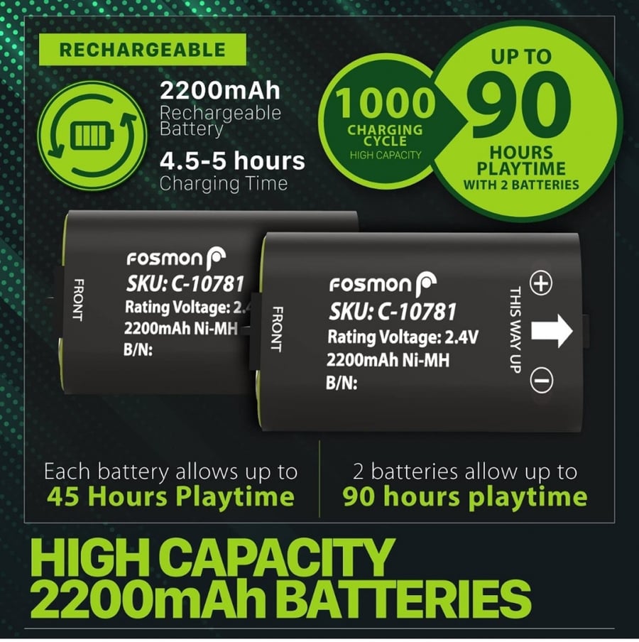 بطارية قابلة لاعادة الشحن 2.4 فولت 2200mAh بسعة عالية للغاية من فوسمون متوافقة مع اكس بوكس سيريس X/S واكس بوكس ون/ون X/ون S ايليت لقاعدة الشحن السريع مع كيبل USB من قطعتين
