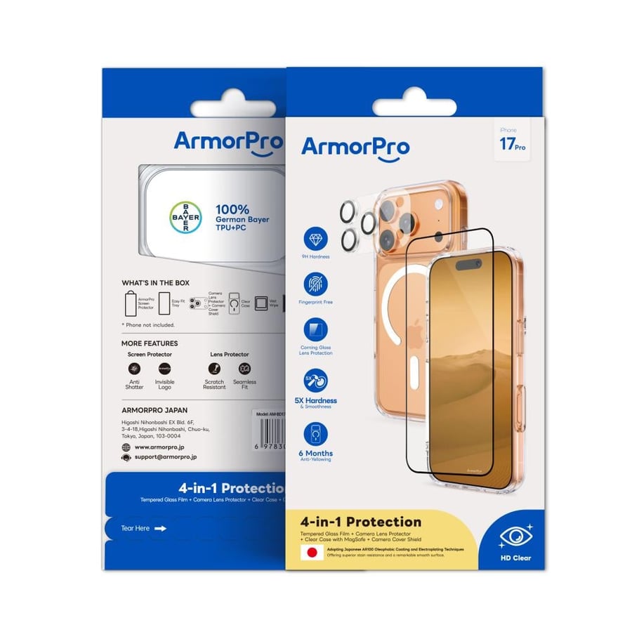 ArmorPro 4-in-1 Package (MagSafe Clear Protective Case + Clear Screen Protector + Camera Cover + Lens Protector) for iPhone 17 Pro
