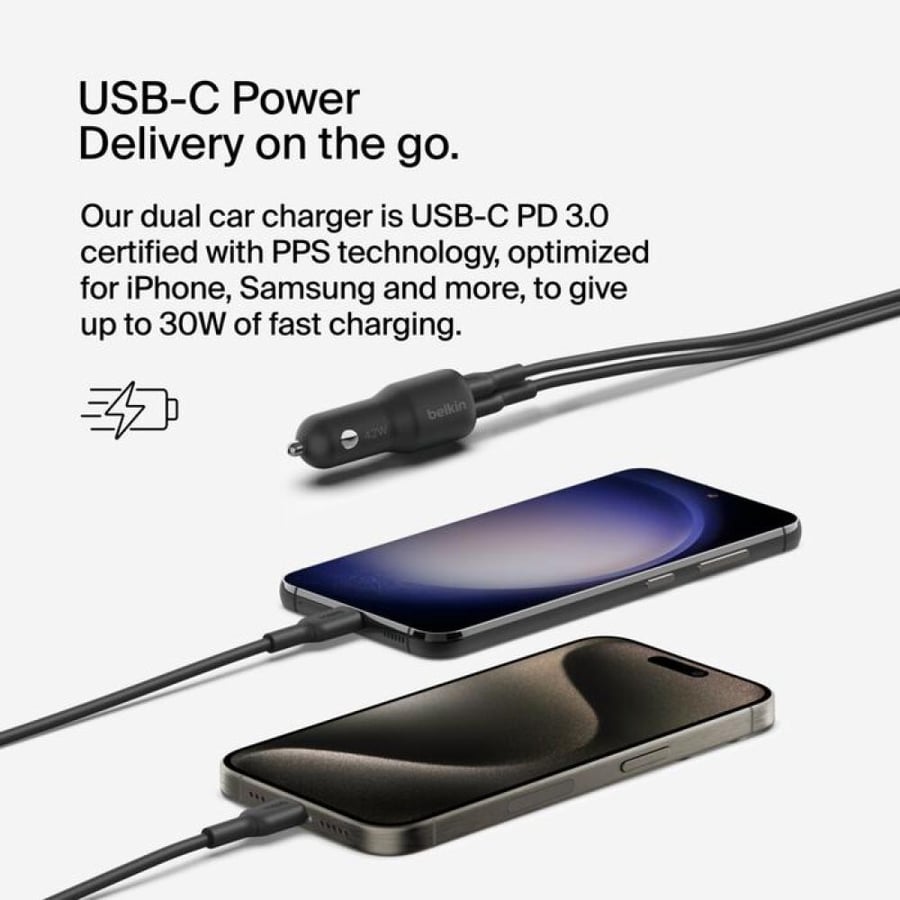 شاحن سيارة بيلكن بإجمالي قوة 42 واط، بمنفذين، USB-C بقوة 30 واط وUSB-A بقوة 12 واط، مع دعم PD وPPS