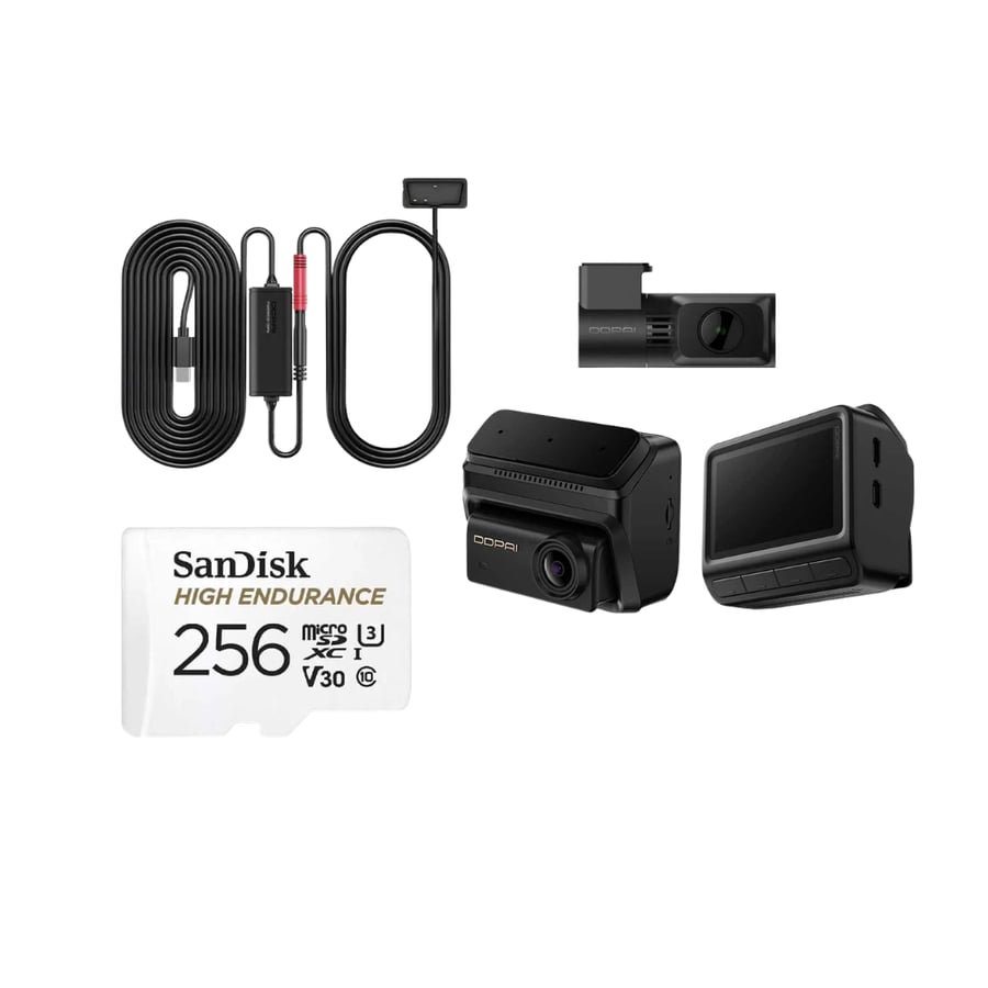 بكج داش كام DDPAi Z90 كاميرا امامية 4K وخلفية 2K تدعم GPS و 4G + كيبل تايب سي موصل للكاميرا +سانديسك High Endurance بطاقة ذاكرة 256 جيجابايت 4k بسرعة 100 ميجابايت/ثانية