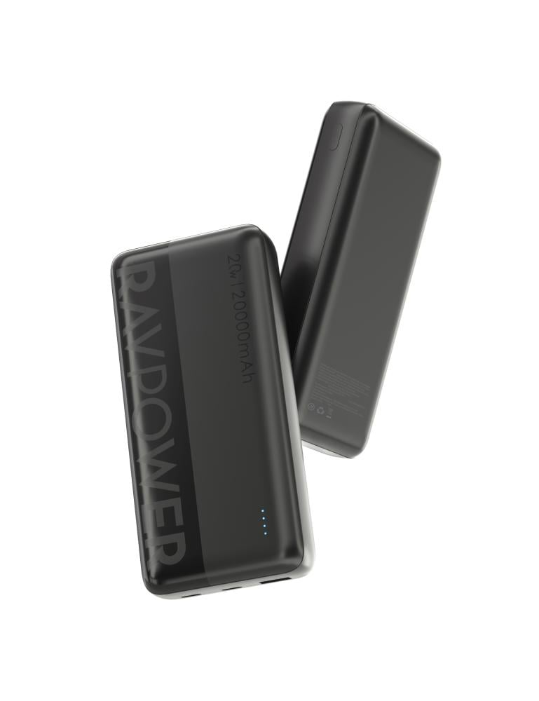 RAVPower 20W Power Bank with 20000mAh Capacity, 2 Type-C Ports and 1 USB Port - Black