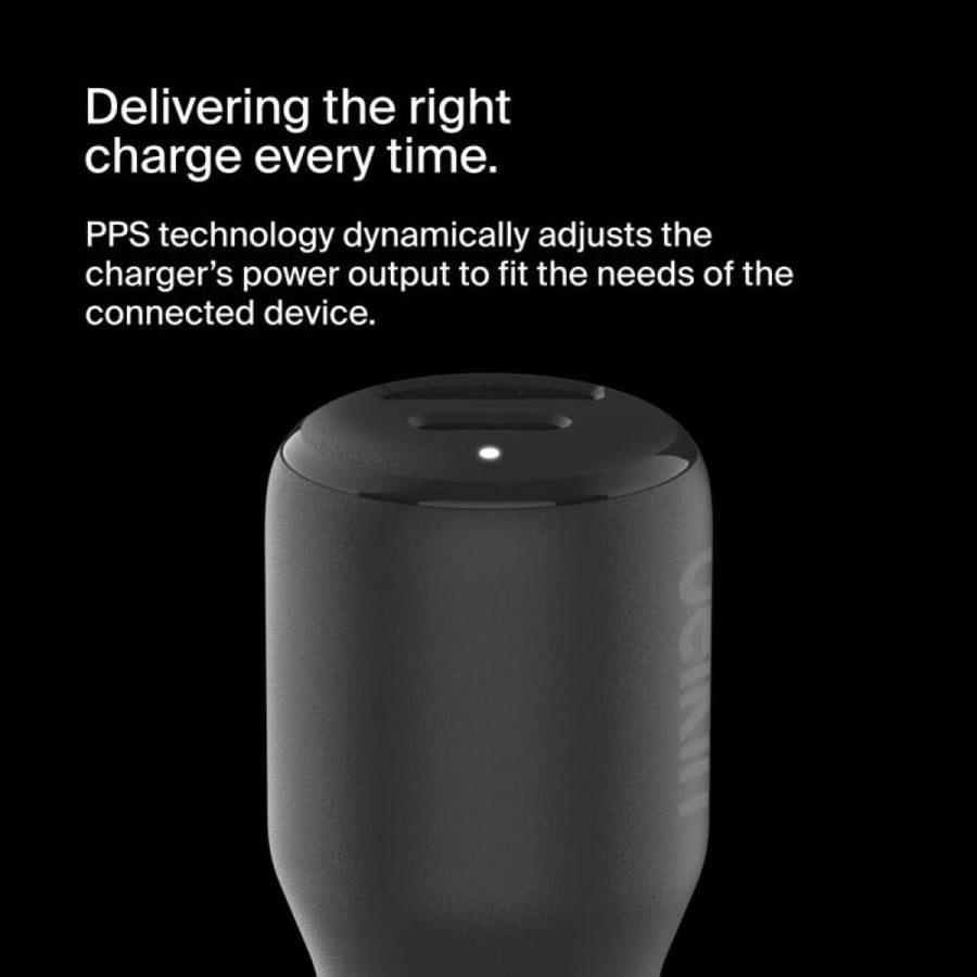 شاحن سيارة بيلكن بإجمالي قوة 42 واط، بمنفذين، USB-C بقوة 30 واط وUSB-A بقوة 12 واط، مع دعم PD وPPS