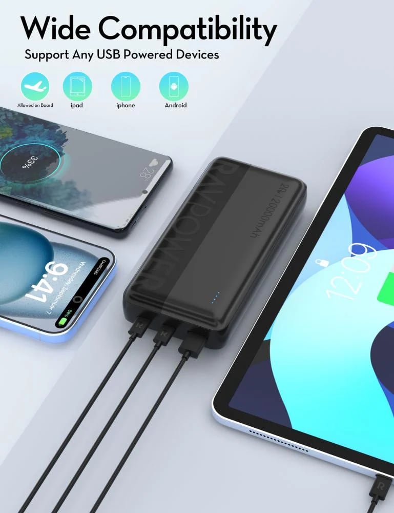 RAVPower 20W 20000mAh Power Bank Bundle with 2 Type-C Ports and a USB Port + 20W Type-C Wall Charger + Type-C to Type-C Cable