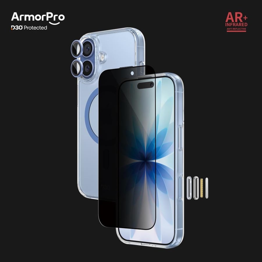 Armorpro D30 3-in-1 Package (MagSafe Blue Transparent Protective Case + Anti-Reflection Privacy Screen Protector + Lens Protector) with iPhone 17 Camera Button