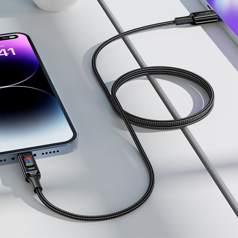 سلك AceFast C7 تايب سي الى تايب سي بقوة 100 واط مع شاشة رقمية بطول 1.2 متر - اسود