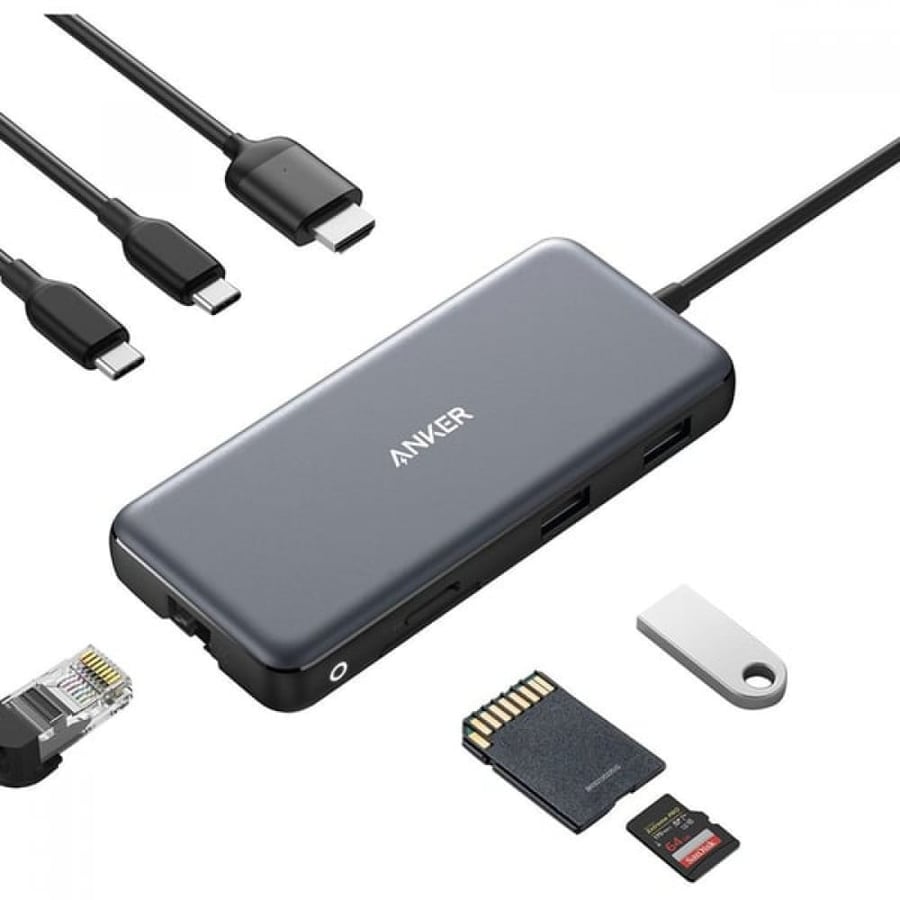 ‎موزع متعدد المنافذ ‎ 8في 1 انكر منفذين USB-A ومنفذين USB-C , منفذ HDMI , منفذ SD , منفذ Micro SD  , منفذ Ethernet - رمادي
