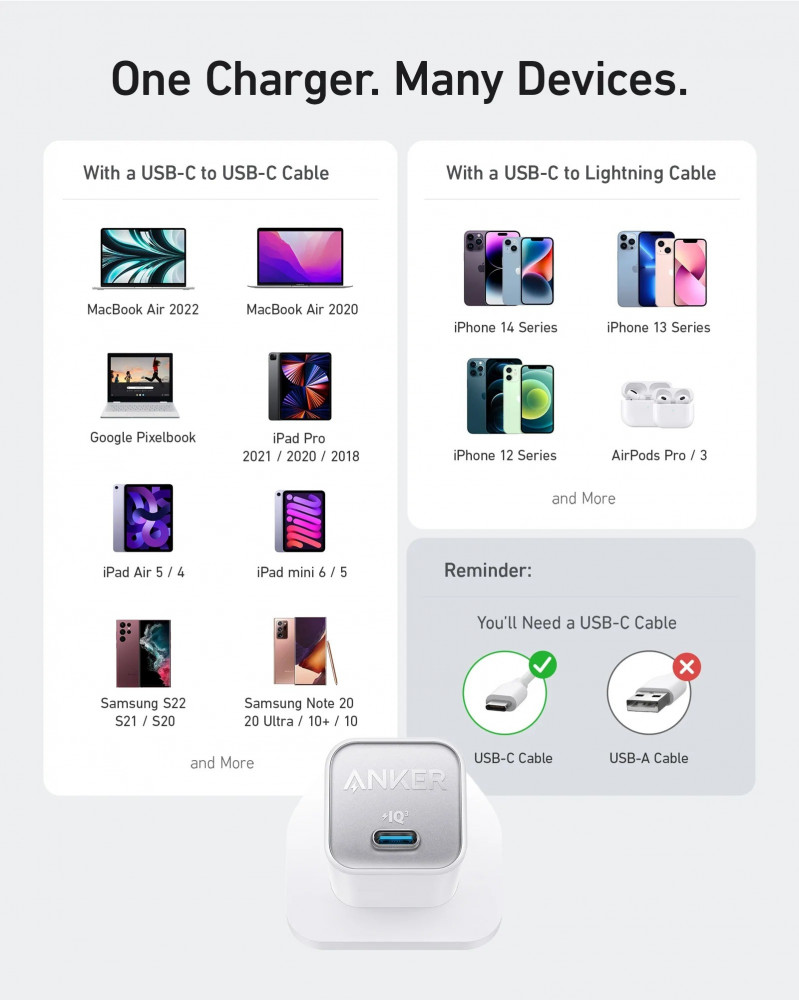 شاحن جداري نانو أنكر بقوة 30 واط بمنفذ USB-C - ابيض