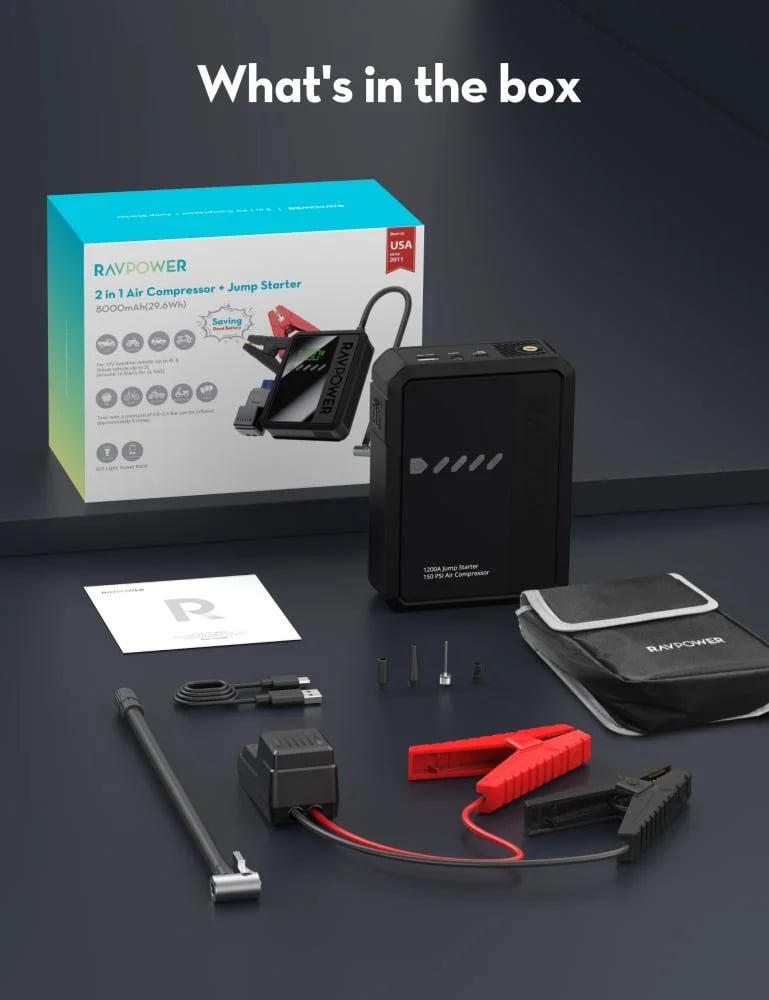 RAVPower 8000mAh Car Battery Jump Starter + Air Pump - Black