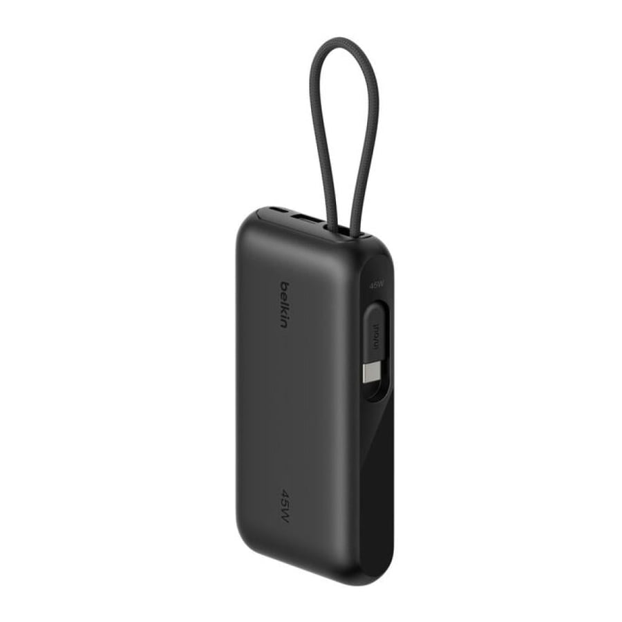 بطارية متنقلة بيلكن بسعة 10,000 مللي أمبير وقدرة 45 واط، مع كابل USB-C مدمج وشاشة عرض – أسود