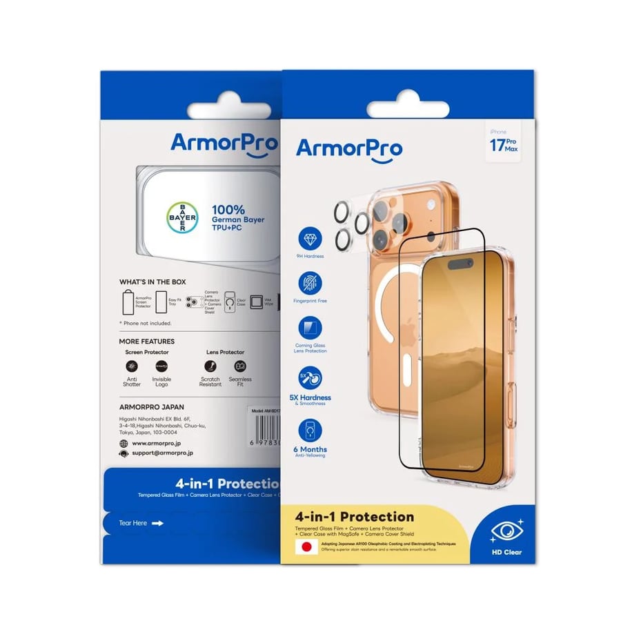 بكج ArmorPro اربعة في واحد ( كفر حماية ماج سيف شفاف + حماية شاشة شفاف + كفر للكاميرا + حماية للعدسات ) للايفون 17 برو ماكس