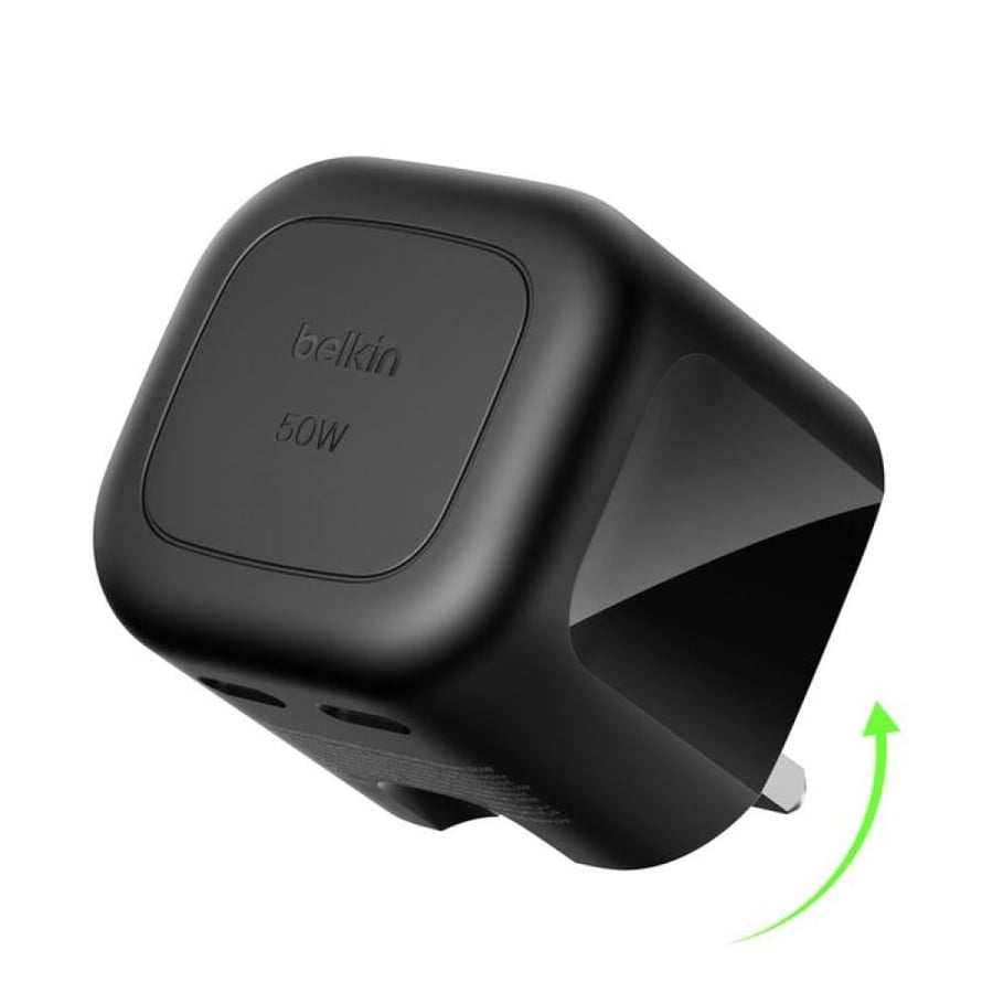 شاحن جداري بيلكن تقنية GaN ومنفذين USB-C بقوة 50 واط – اسود