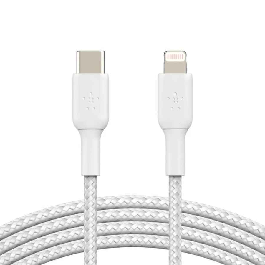سلك شحن بيلكن USB-C مضفر مع موصل Lightning، بطول 1 متر – أبيض