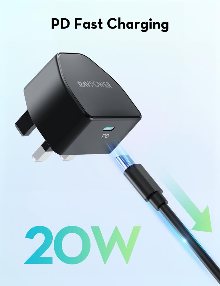 RAVPower 20W 20000mAh Power Bank Bundle with 2 Type-C Ports and a USB Port + 20W Type-C Wall Charger + Type-C to Type-C Cable