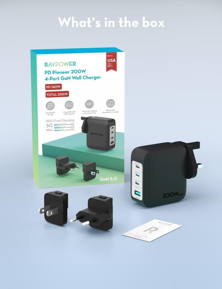RAVPower 200W Multi-Travel Charger with USB Port and Three Type-C Ports - Black