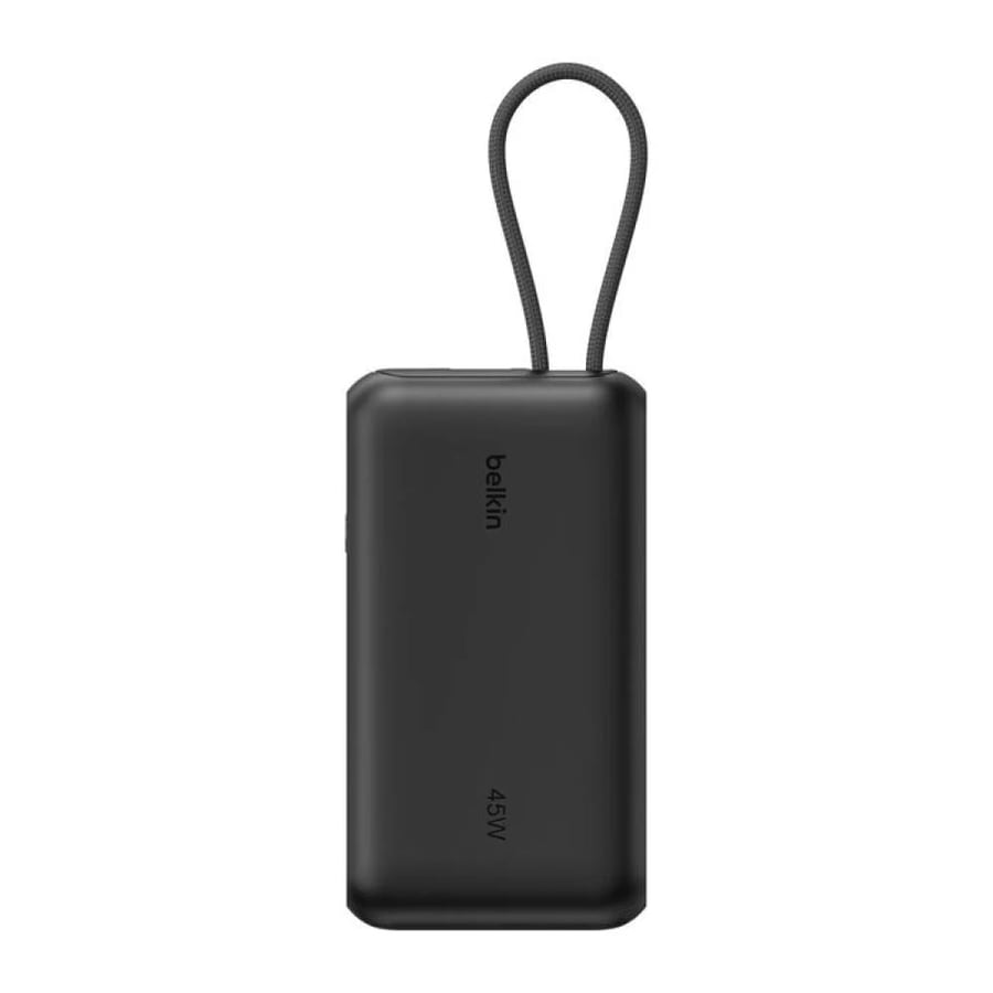 بطارية متنقلة بيلكن بسعة 10,000 مللي أمبير وقدرة 45 واط، مع كابل USB-C مدمج وشاشة عرض – أسود