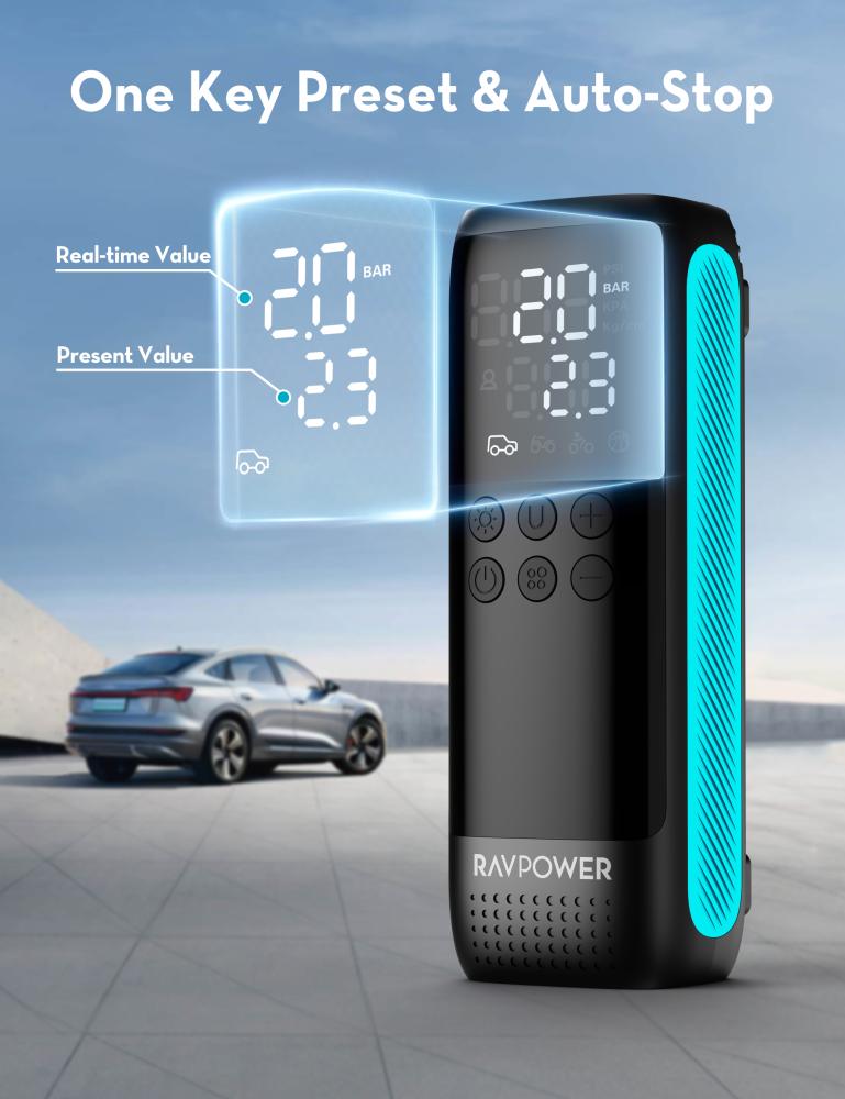 RAVPower Premium 120W Battery-Free Air Pump, 12-16V Output, 45L/min Speed, with Digital LED Display