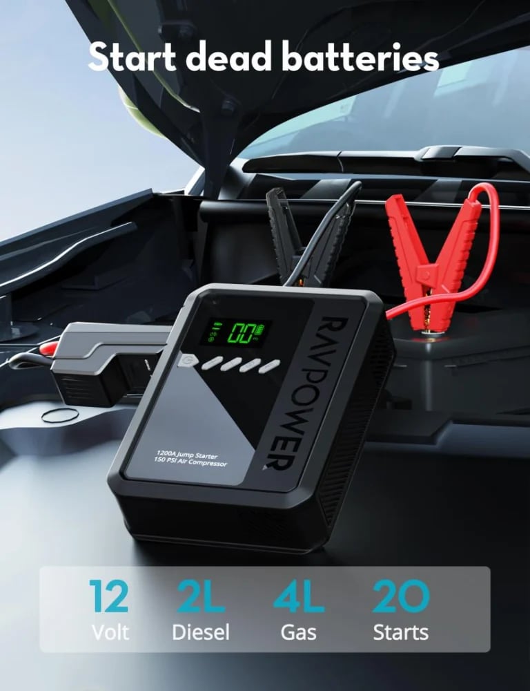 RAVPower 8000mAh Car Battery Jump Starter + Air Pump - Black
