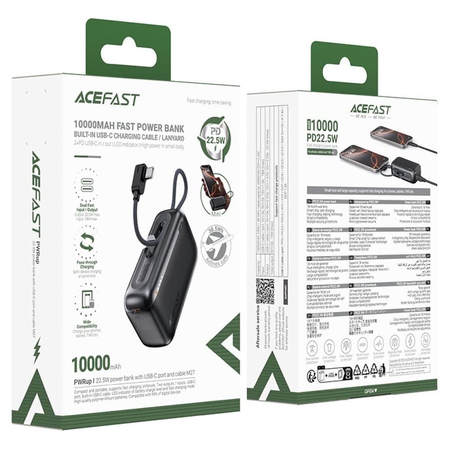 بطارية متنقلة AceFast M27 بسعة 10000 ملي امبير بقوة 22.5 واط بمنفذ تايب سي مع سلك تايب سي مدمج - اسود