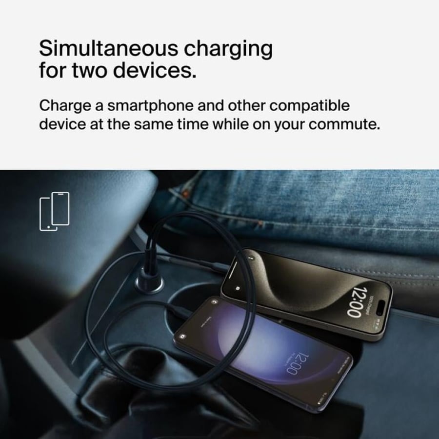 شاحن سيارة بيلكن بإجمالي قوة 42 واط، بمنفذين، USB-C بقوة 30 واط وUSB-A بقوة 12 واط، مع دعم PD وPPS