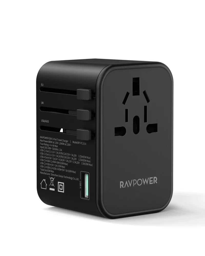 فيش سفر راف باور بقوة 65 واط متعدد المداخل مع منفذين تايب سي ومنفذ USB - اسود