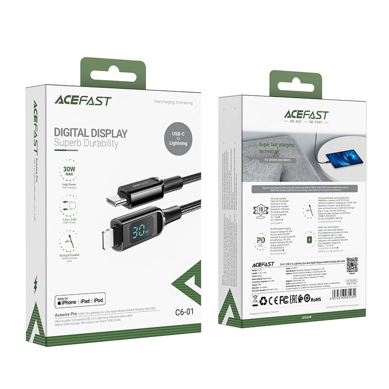 AceFast Type-C to Lightning Cable with 1.2" Screen - Black