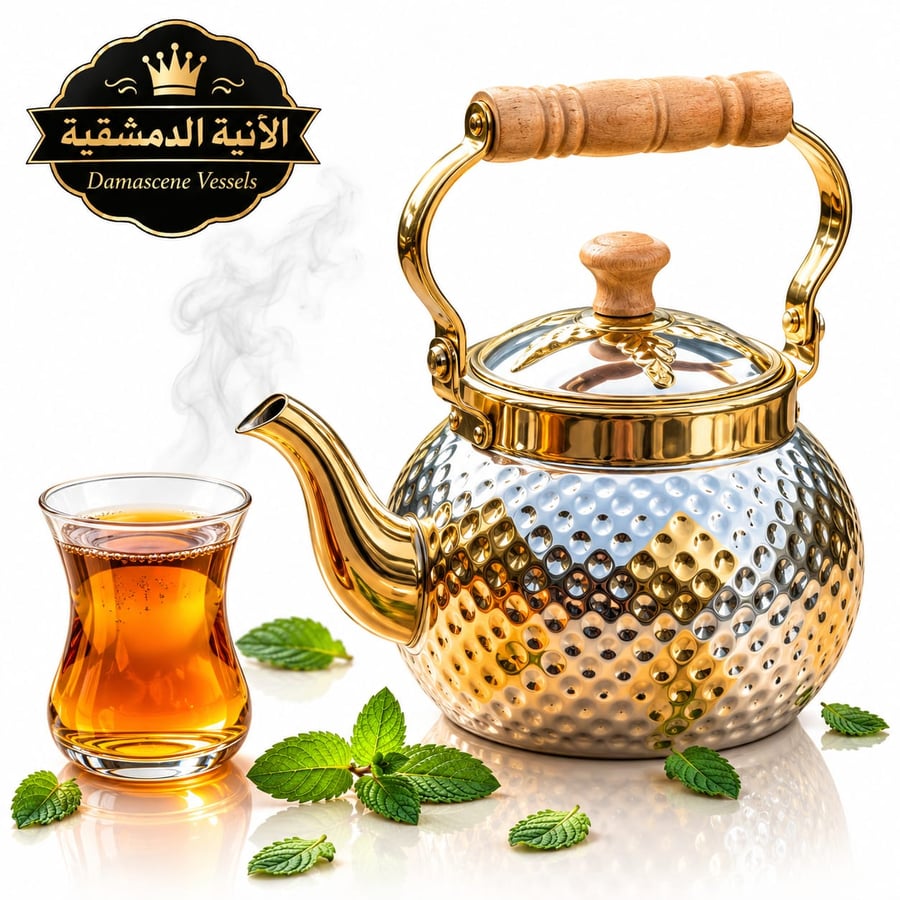 إبريق شاي حب الرمان استيل ستيل فضي وذهبي بمقبض خشبي – الآنية الدمشقية