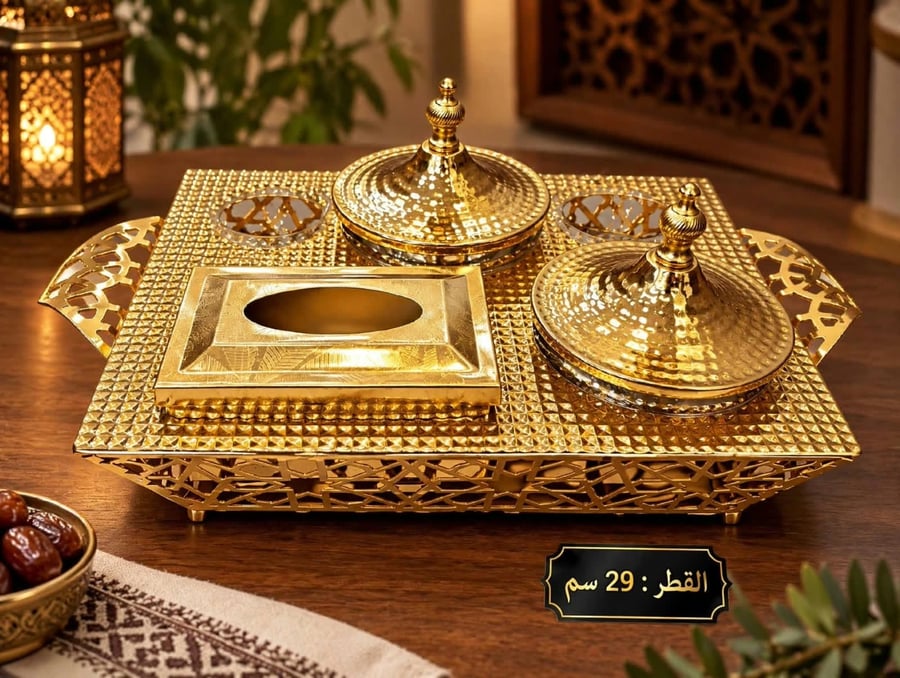 تمرية ضيافة ذهبية فاخرة مع علبة مناديل وصينية – 29 سم