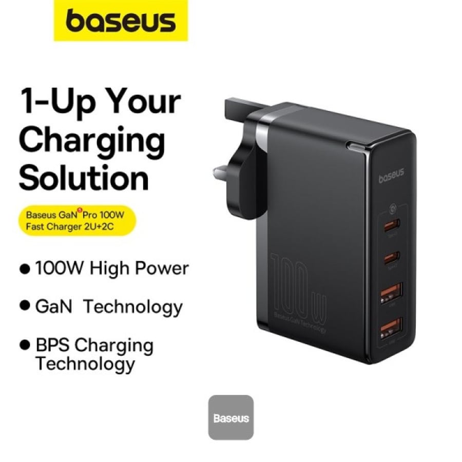 شاحن سريع Baseus GaN5 Pro 100W 4 منافذ | 2 Type-C + 2 USB-A، قابس بريطاني مع كابل بيانات شحن سريع 100 واط من النوع C (20 فولت/5 أمبير) 1 متر - أسود