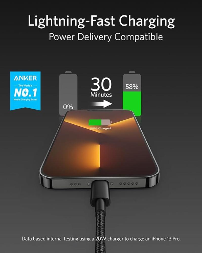 كيبل Anker القماشي Type-C إلى Lightning بطول 3 متر - 322 اللون أسود