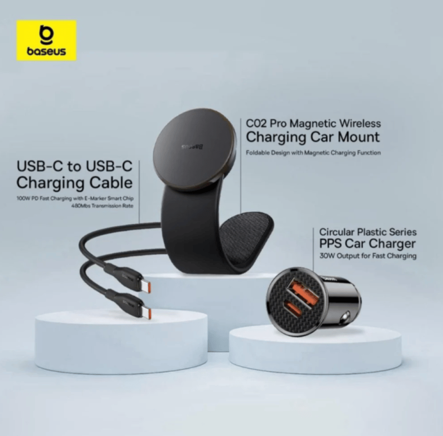 حامل جوال بيسوس c02 برو كلاستر مغناطيسي يدعم شحن لاسلكي وشاحن سيارة بمنفذ USB-A ومنفذ تايب سي وكيبل تايب سي الى تايب سي