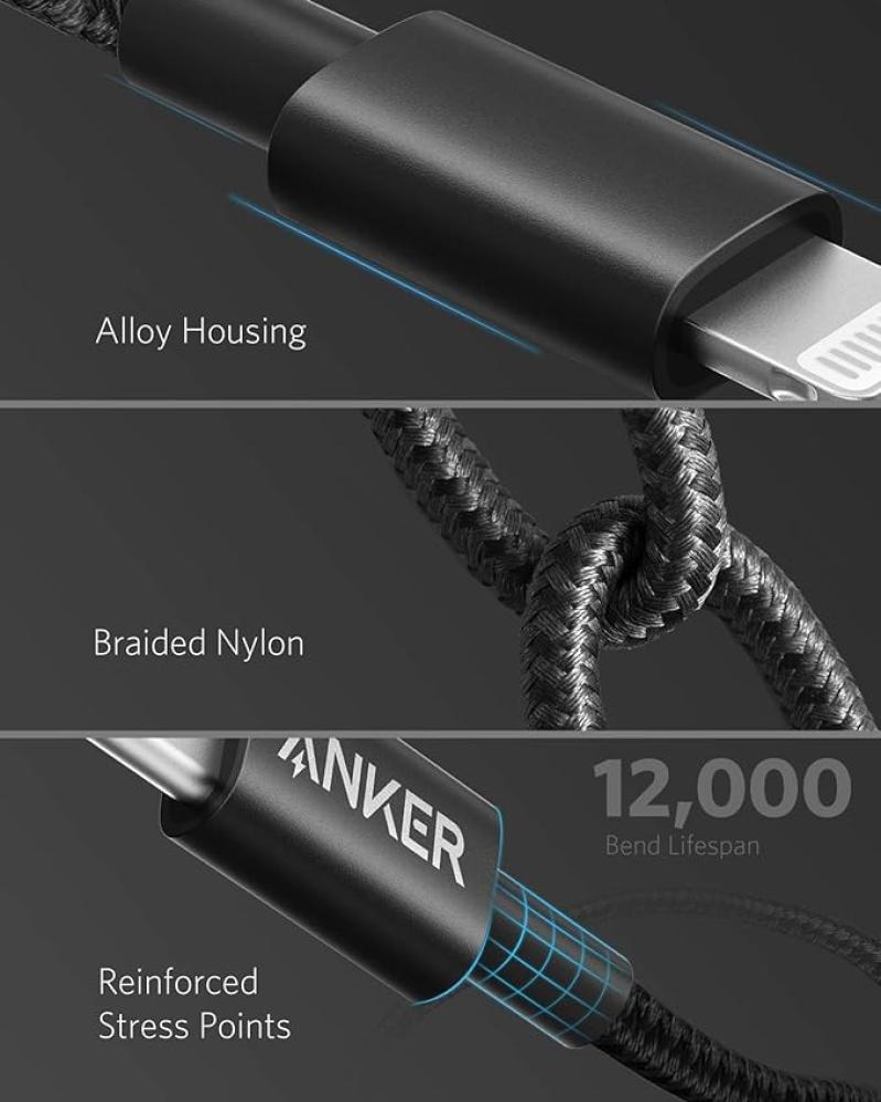 كيبل Anker القماشي Type-C إلى Lightning بطول 3 متر - 322 اللون أسود